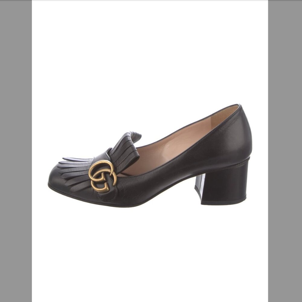 GUCCI Double G Logo Black Leather Square Toe Pumps Size 38